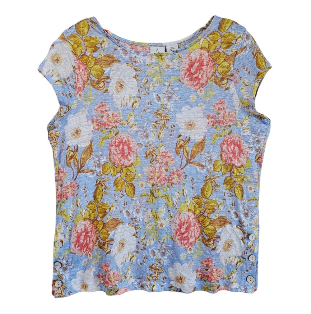 JOIE Women S Linen Top Floral Blue Pink Short Sleeve Buttons Coastal Cottage 36"